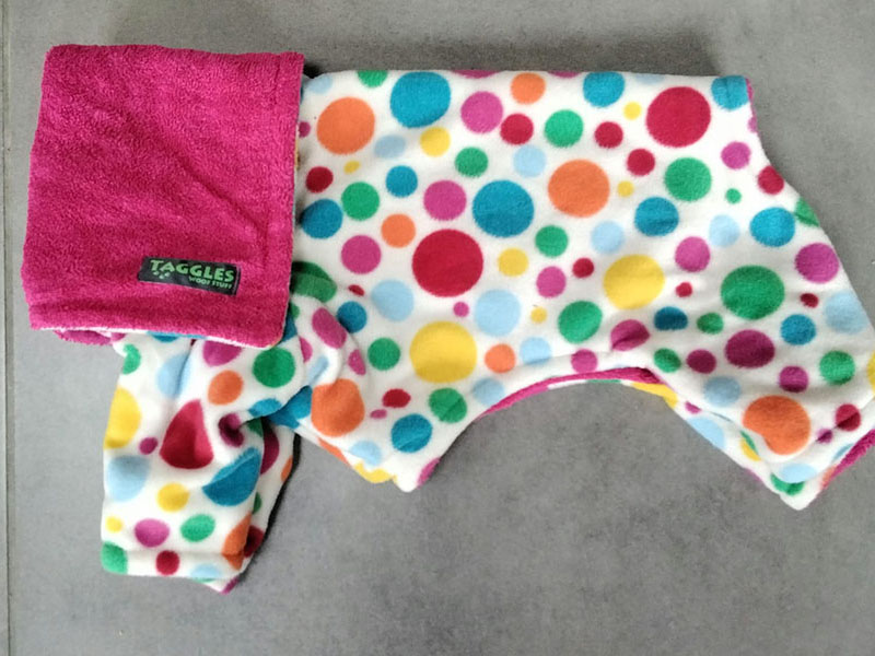 White spots with cerise towel drying onesie